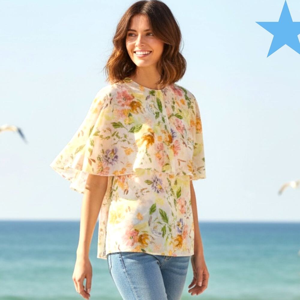 ZARA Floral Cape Blouse Top Womens Small Yellow Peach Short Sleeve Chiffon Sheer
